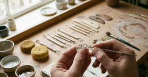 Artisan sculptant porcelaine avec outil de modelage