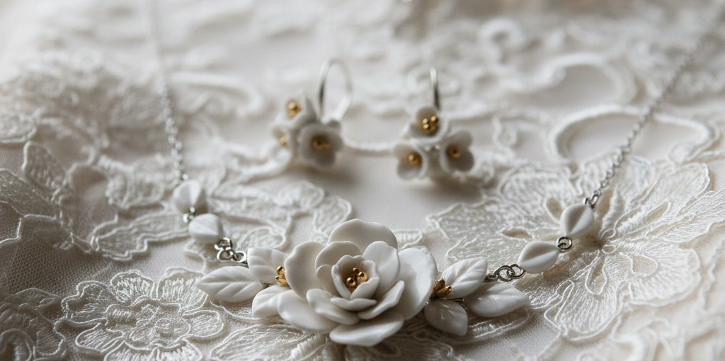 Détails bijoux mariage porcelaine sur robe dentelle élégance
