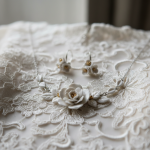 Détails bijoux mariage porcelaine sur robe dentelle élégance