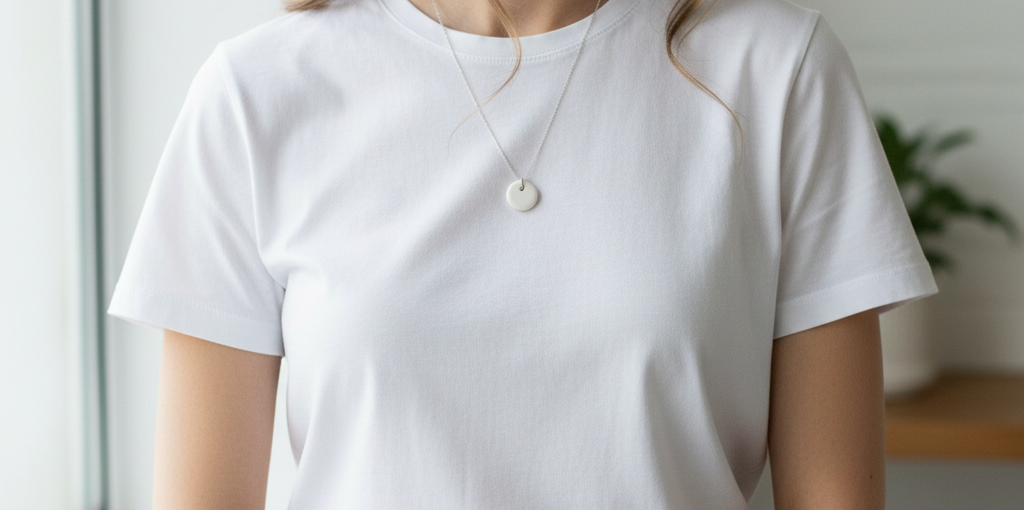 Femme portant collier porcelaine look casual minimaliste jean