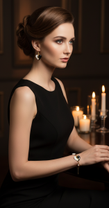 Soirée élégante bijoux porcelaine robe noire finitions or