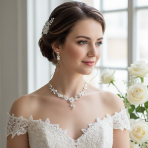 Mariée élégante portant bijoux porcelaine collier boucles oreilles mariage