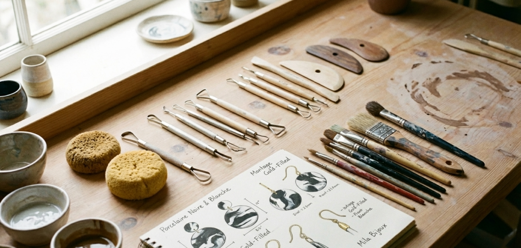 Outils de céramiste pour créer bijoux en porcelaine sur table atelier