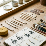 Outils de céramiste pour créer bijoux en porcelaine sur table atelier