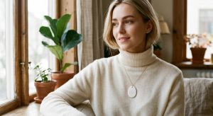 Collier en porcelaine porté avec pull cachemire, élégance russe contemporaine
