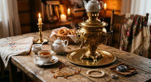 Ambiance russe authentique avec samovar et bijoux Mila en porcelaine