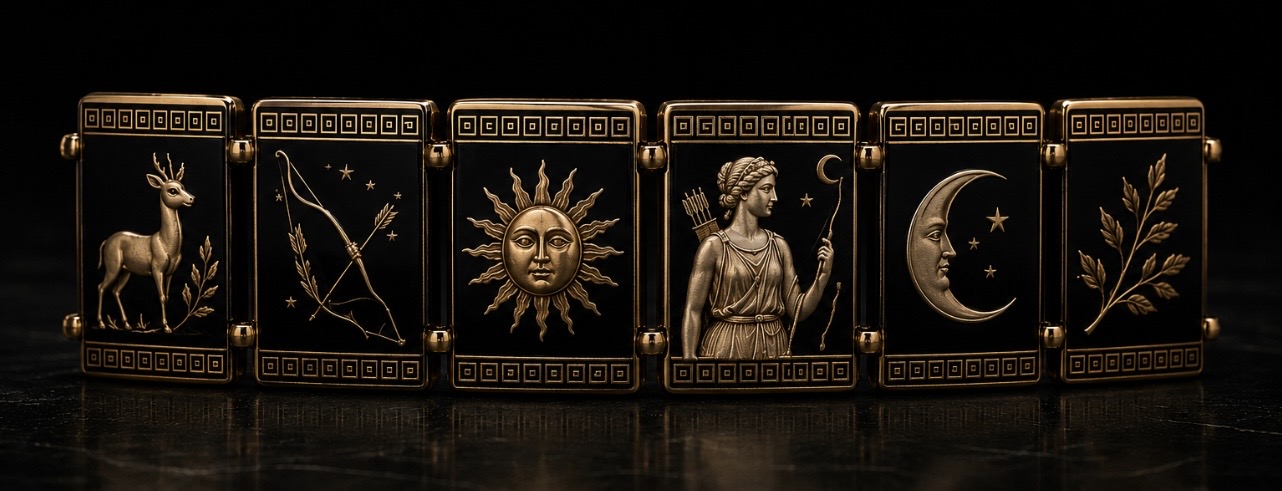 Maquette du bracelet Artémis en porcelaine noire et or : biche, arc, soleil, déesse, lune et laurier